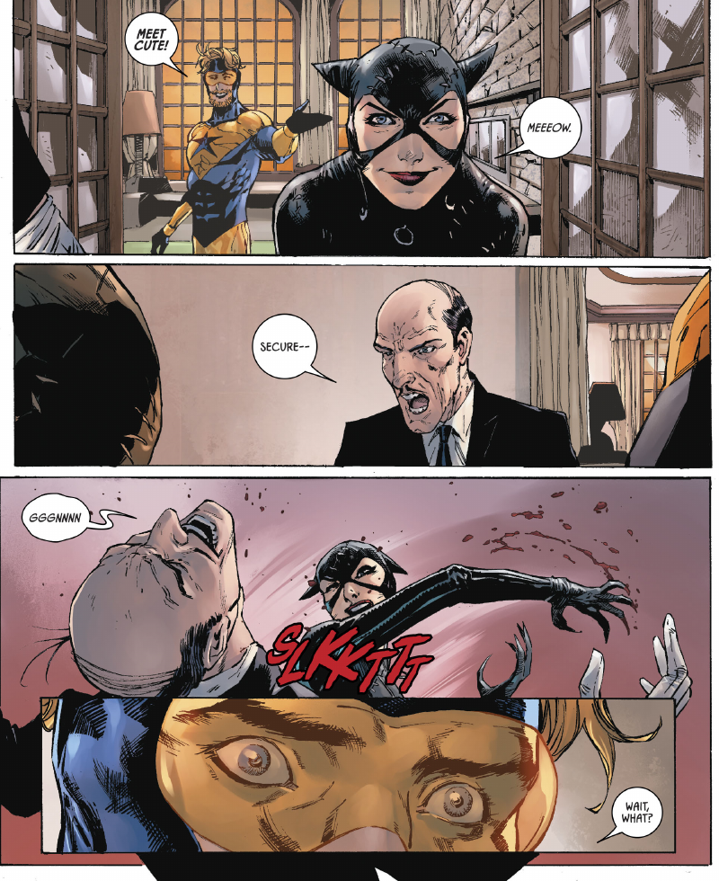 I should probably note that, amazingly, Batman #46 also introduces the iconic Michelle Pfeiffer Catsuit from Batman Returns into DC comics canon. The reason? Booster makes Selina a catsuit out of leather scraps to meet Bruce in, hoping it’d spur his memories of the main timeline. But, like with most things, Booster Gold sucks at sewing as much as he does at not fucking up time itself, which is why it looks the way it does.